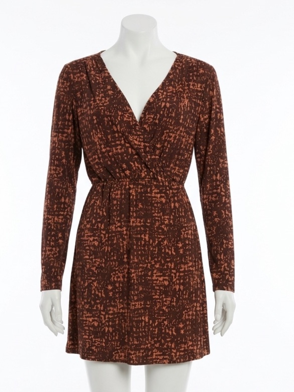 Daisy Fuentes Faux Wrap Dress Brown Abstract Long Sleeve Y2K Office Siren Size M
